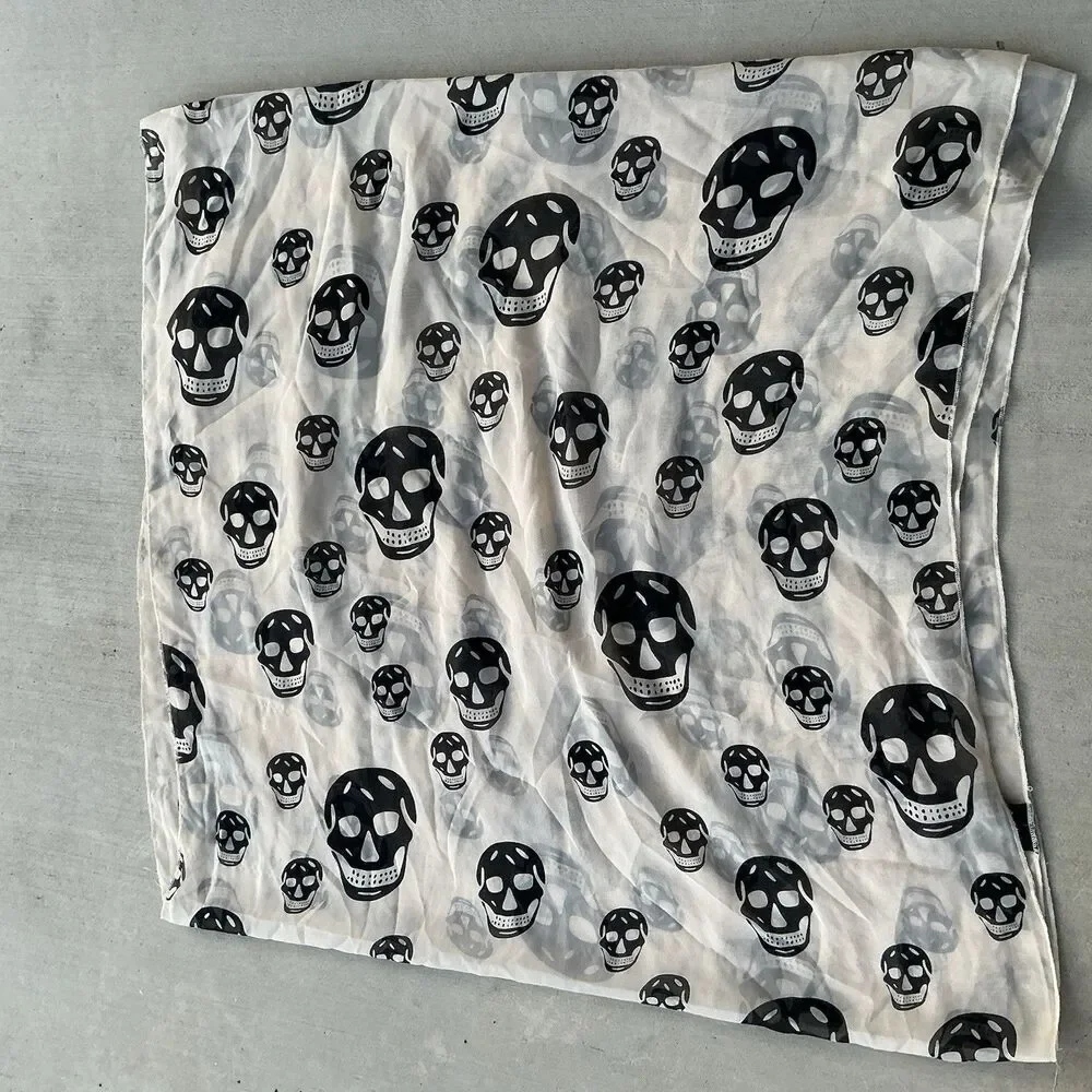 Honey Punch Skull Scarf Black White Sheer Extra Long 110” Gothic Punk